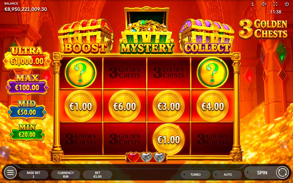 3 Golden Chests bonus screen showing fixed Mini, Mid, Max and Ultra prize levels
