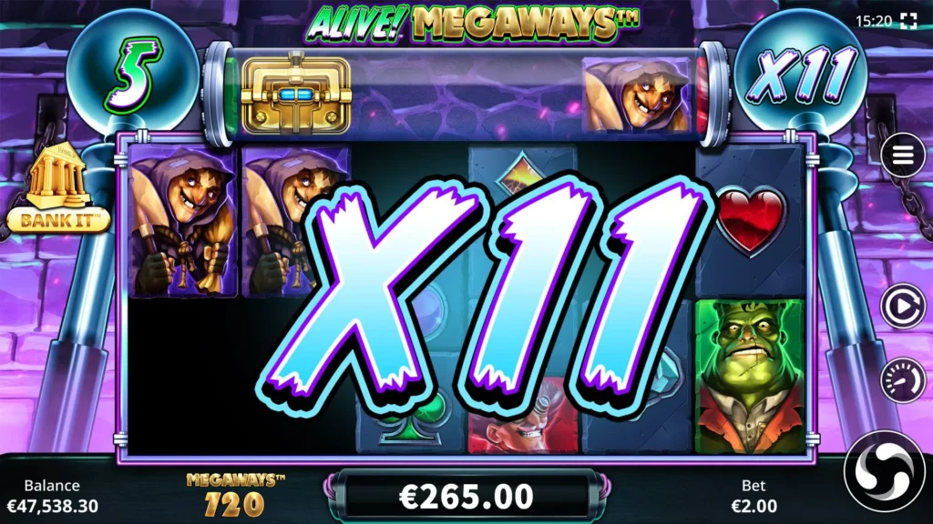 Alive! Megaways free-games screen showing multiplier x11, reel symbols and Bank It control