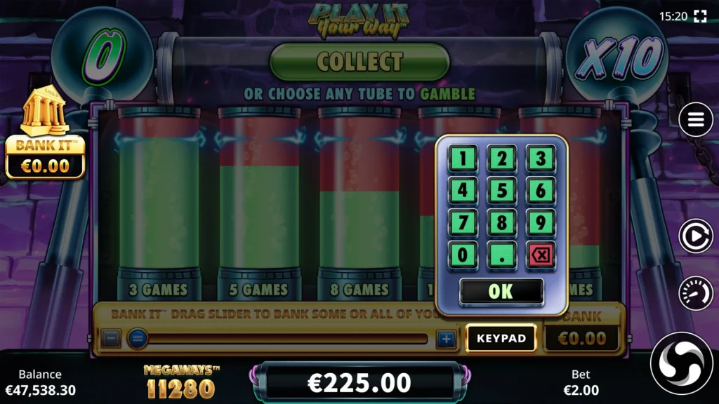 Alive! Megaways Play It Your Way screen showing Collect, gamble tubes and Bank It controls
