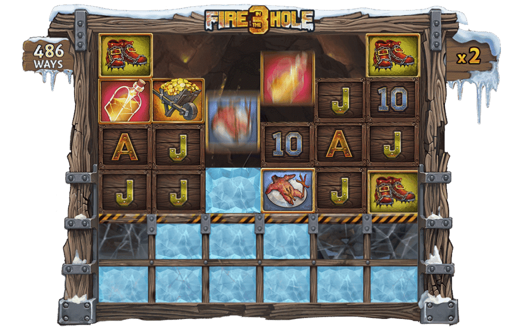 Fire In The Hole 3 reels showing the expanding 6-reel game board
