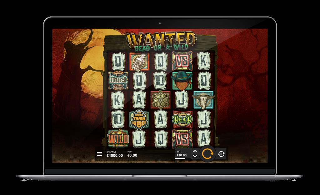 Wanted Dead or a Wild slot reels showing DuelReels symbols and the western game interface